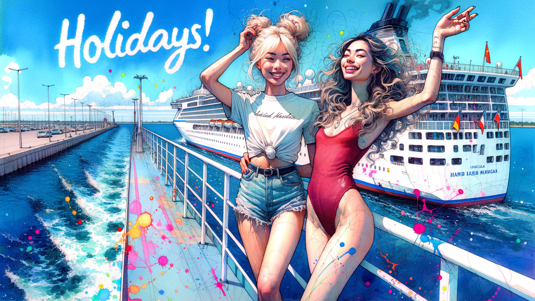 Cheerful Women on Pier with Cruise Ship in Background