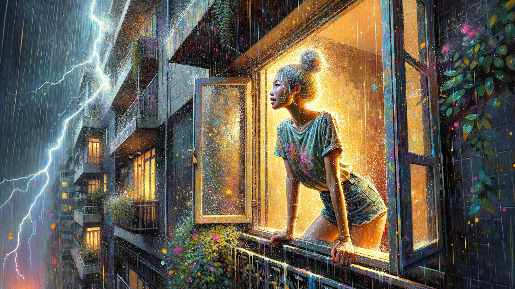 Young woman gazing from a window during a storm