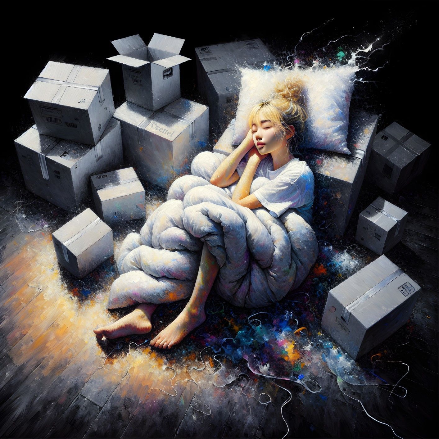 Young Woman Sleeping Among Unpacked Cardboard Boxes