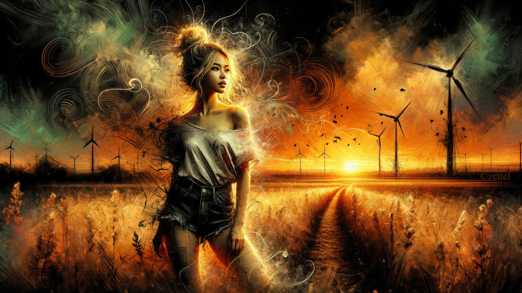 Serene Dusk Landscape with Winding Path and Turbines