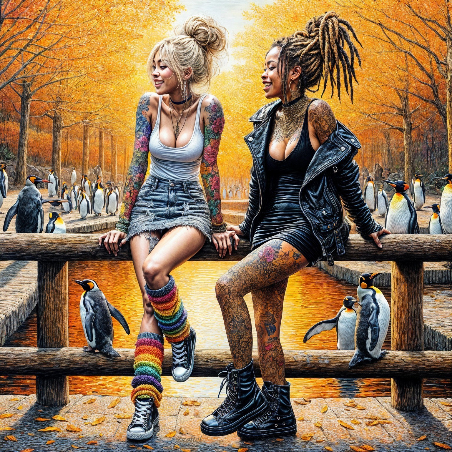 Stylish Women in Autumn with Penguins Nearby