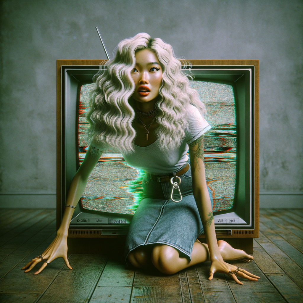 Stylized Figure in Retro Interior with Glitchy TV