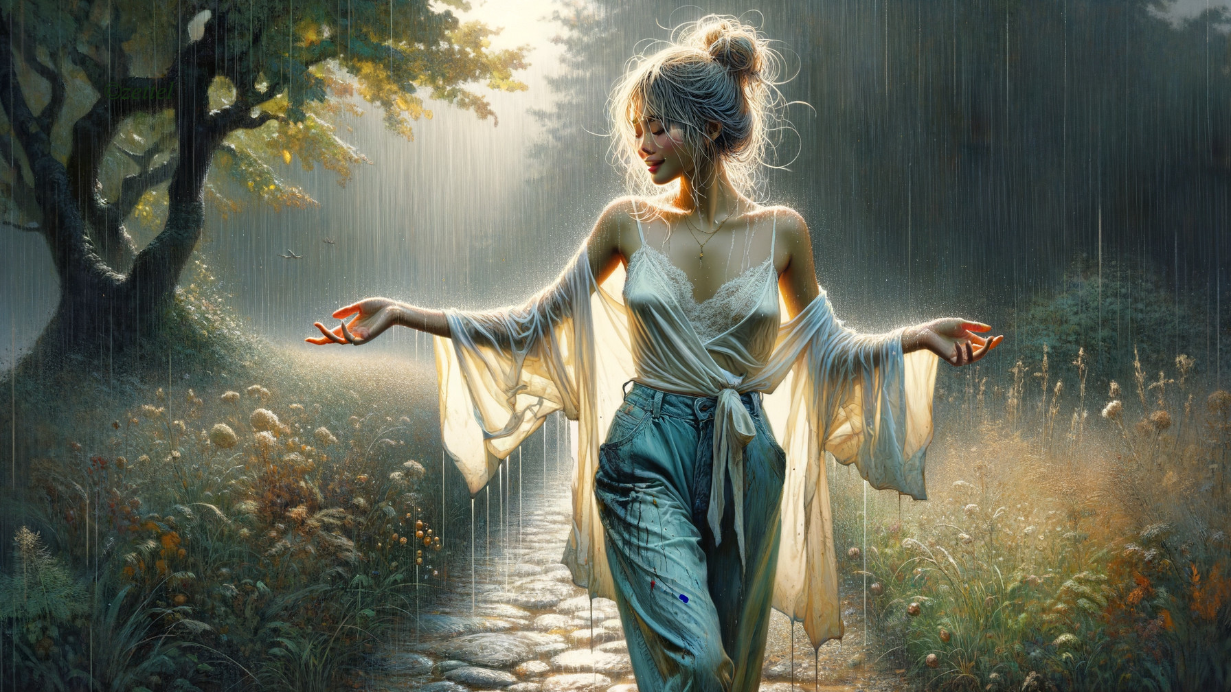 Woman in a lush, rainy landscape with sunlight filtering