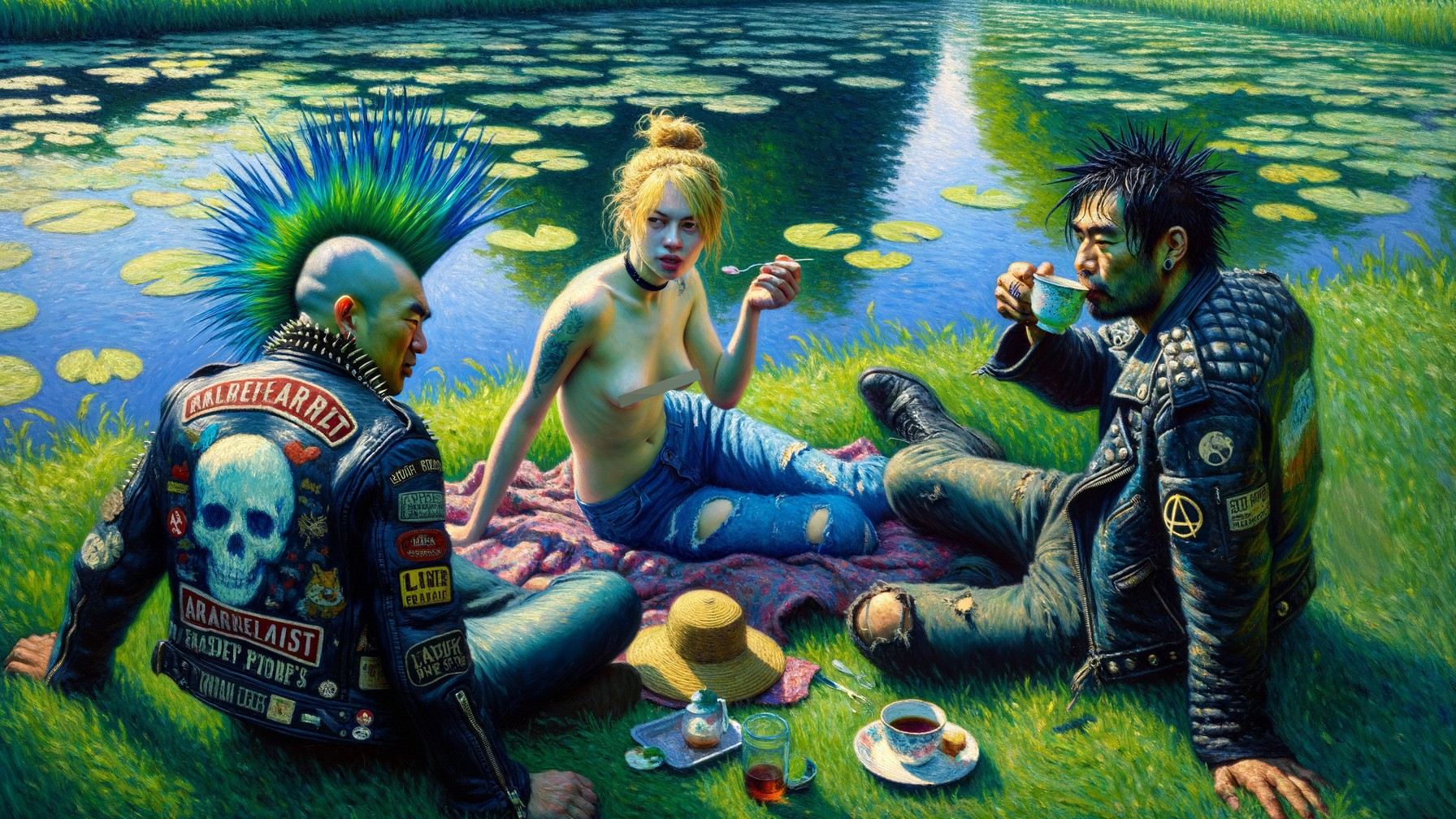 Punk Picnic by a Tranquil Pond with Lush Greenery