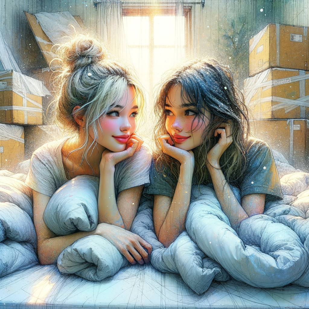 Young women in cozy room with pillows and boxes