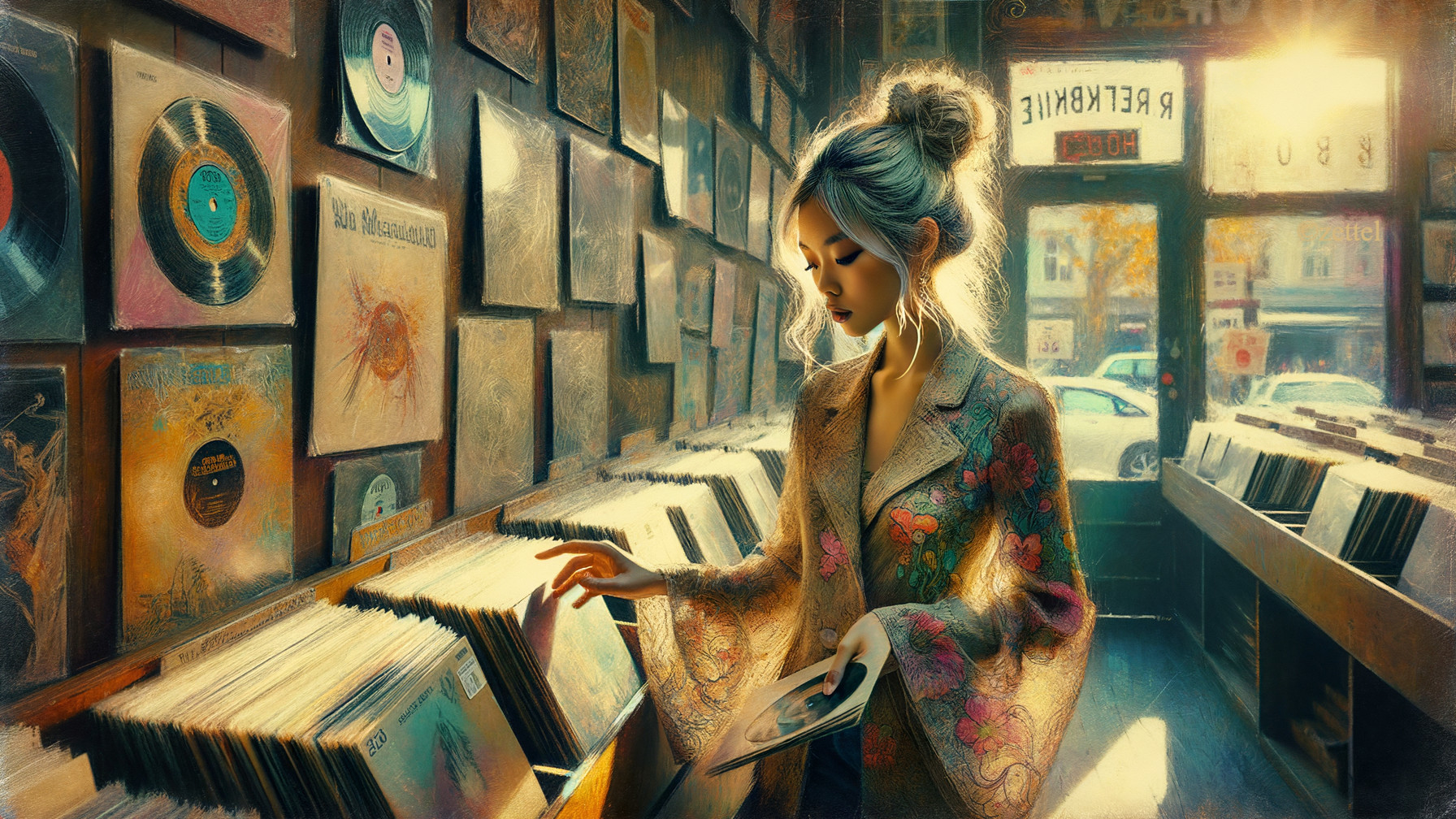Young Woman in Vintage Record Store with Kimono