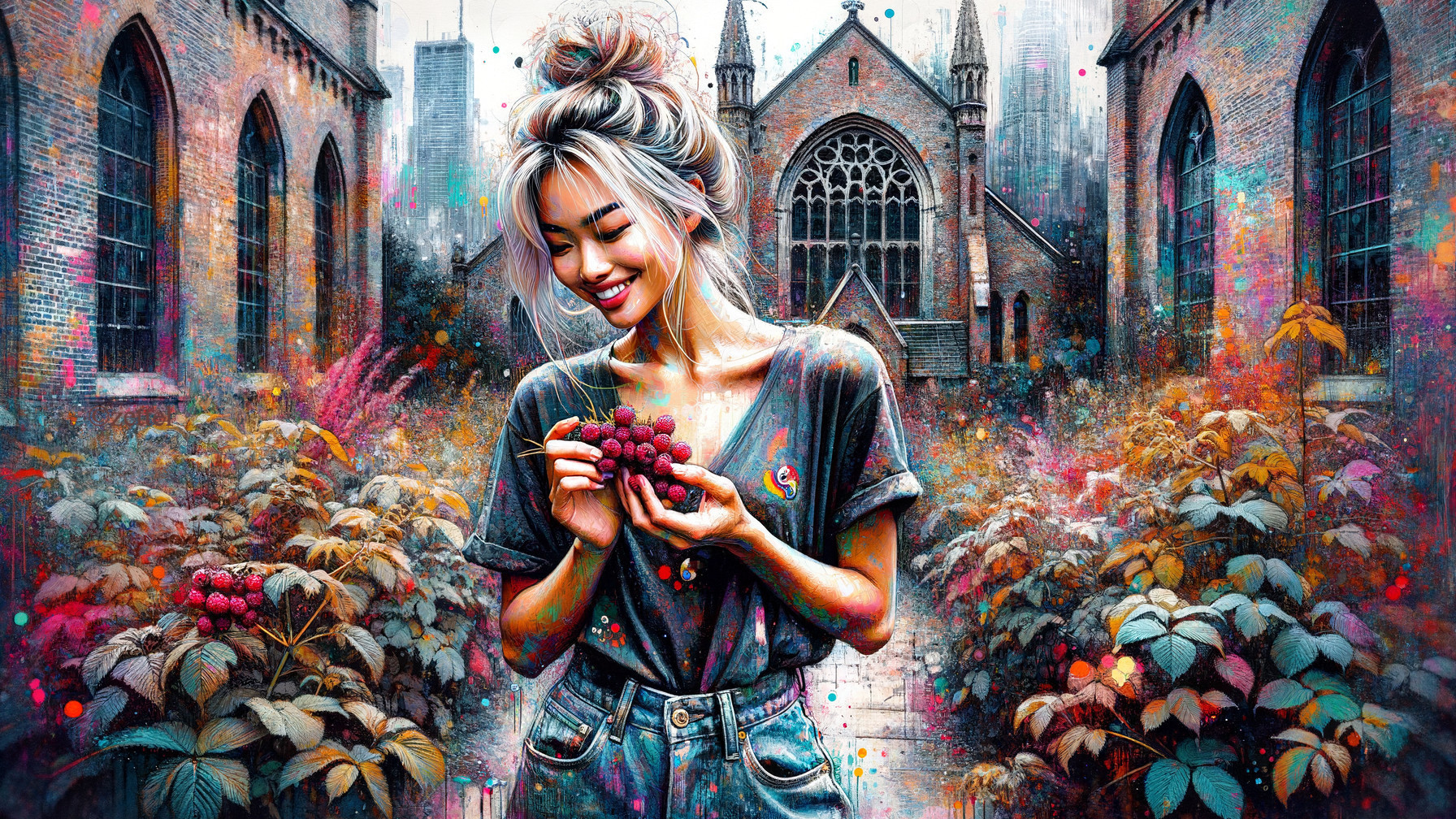 Young Woman in Garden with Raspberries and Church