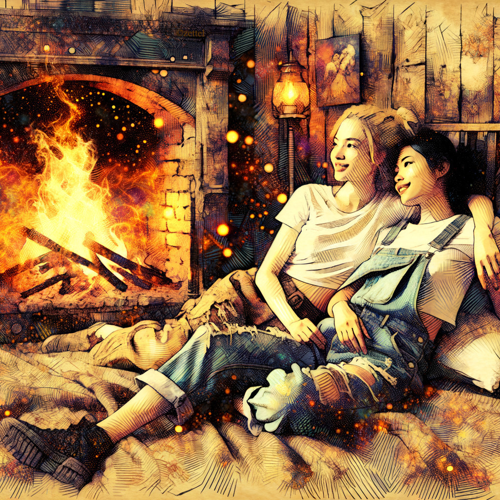 Cozy Room with Friends by a Fireplace