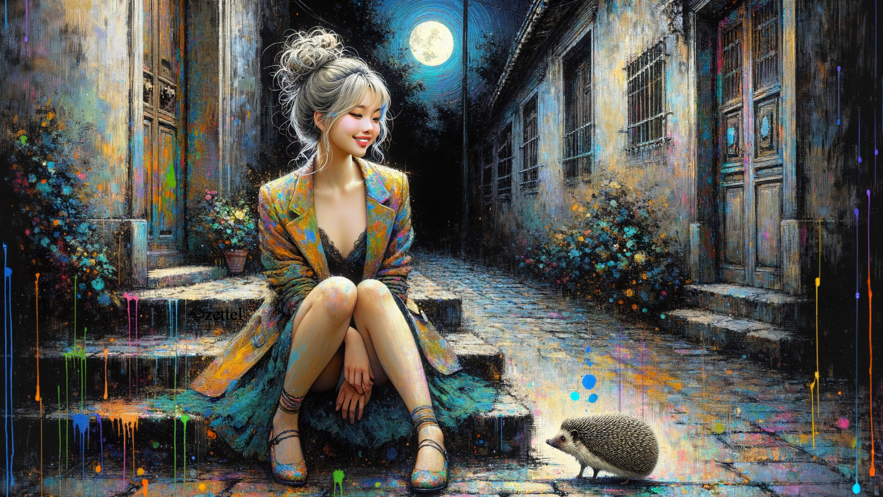 Moonlit Alley Scene with Silver-Haired Woman and Hedgehog