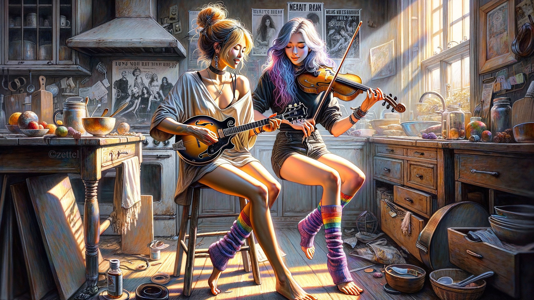 Cozy Kitchen Scene with Music and Friendship