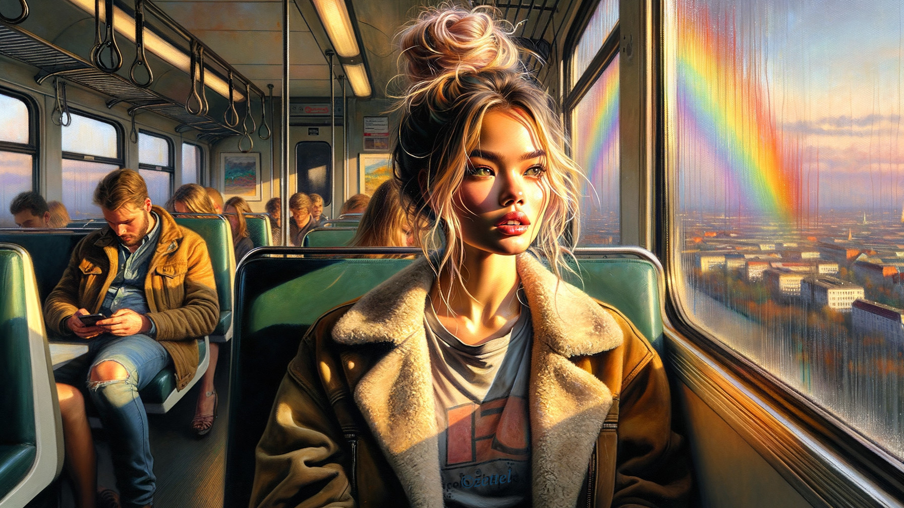 Young Woman on Train with Rainbow and City View