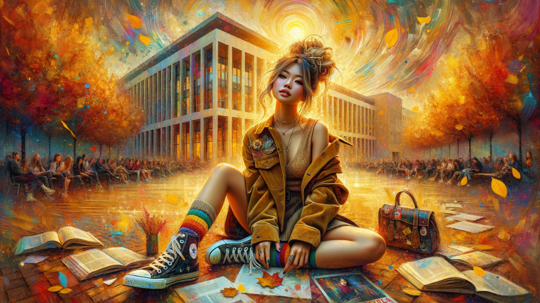 Young Woman in Autumn Setting with Books and Leaves