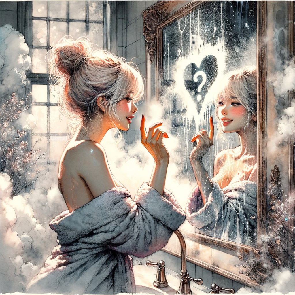 Young Woman in Plush Robe and Foggy Bathroom Mirror