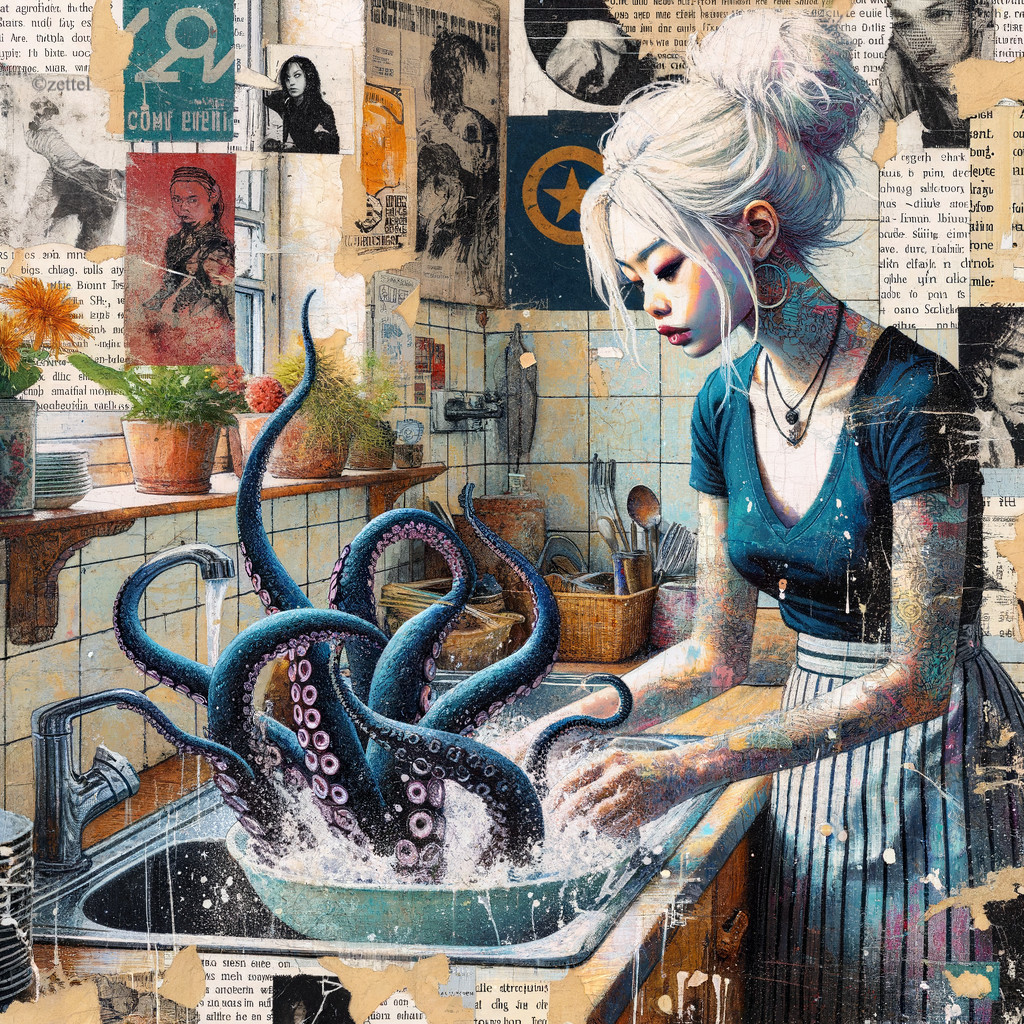 Surreal Kitchen Scene with Woman and Octopus