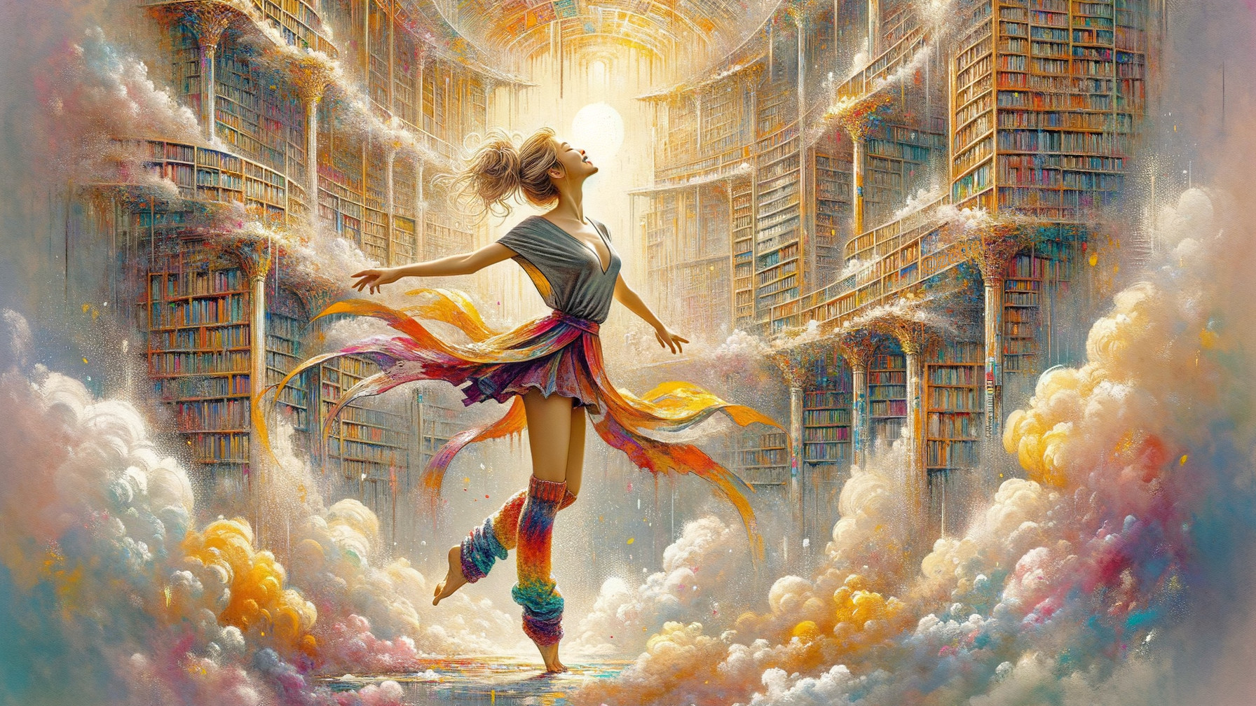 Joyful figure in a colorful, dreamlike library setting