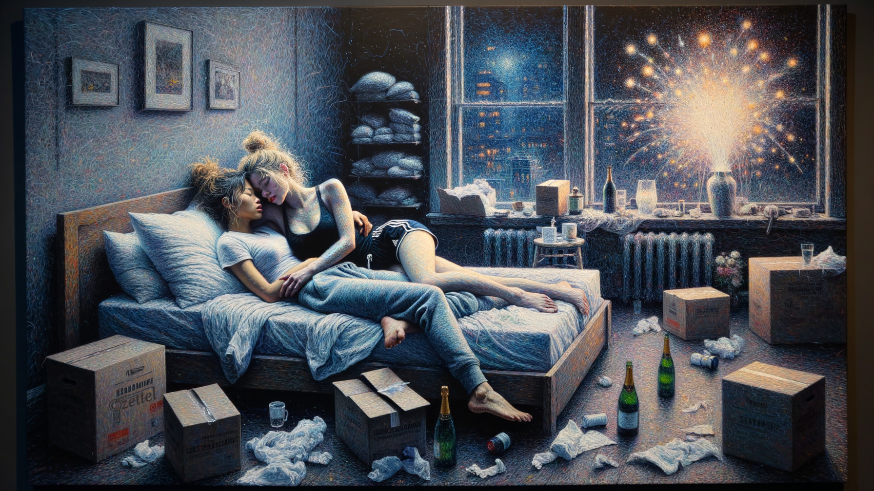 Intimate figures on a disheveled bed with fireworks