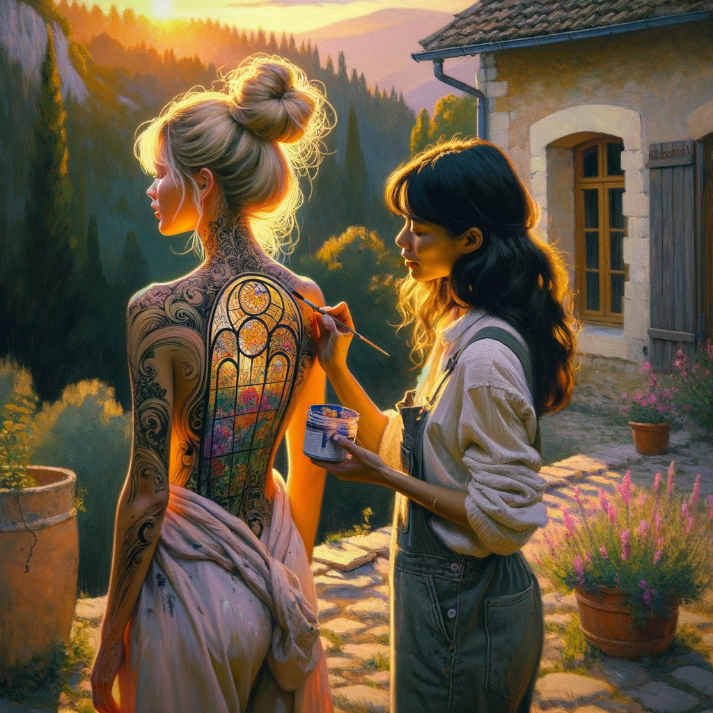 Woman with Body Art in Sunlit Garden Setting