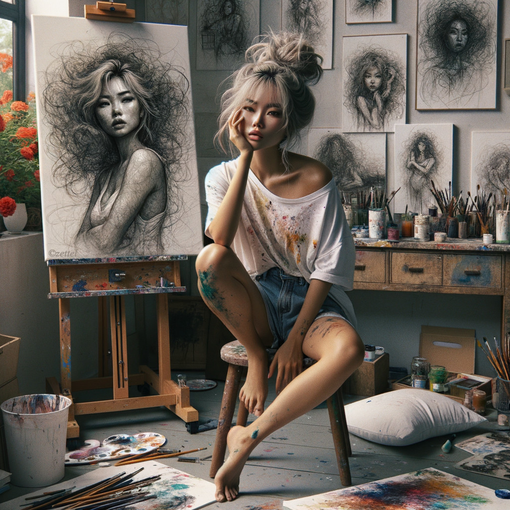 Young Woman in Art Studio Surrounded by Colorful Works