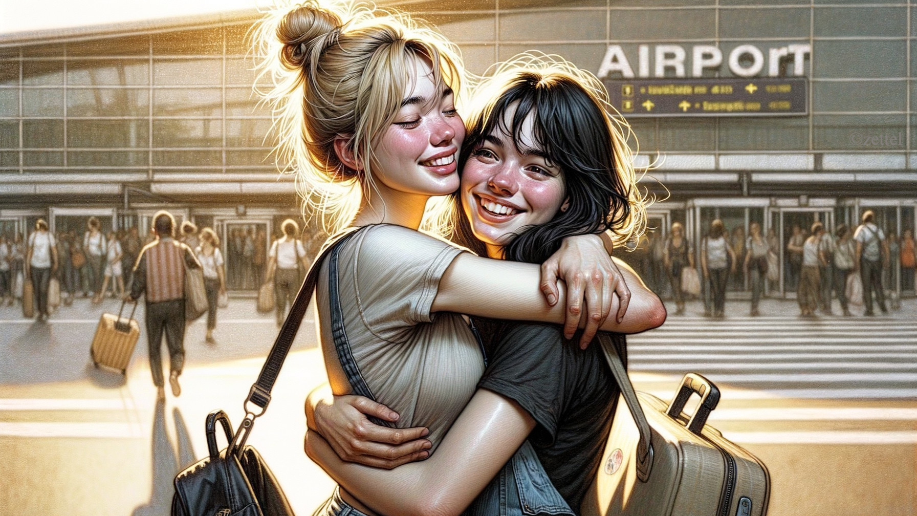 Young Women Embrace Joyfully at Airport with Luggage