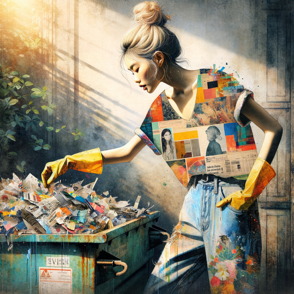 Young woman in updo explores colorful dumpster scene