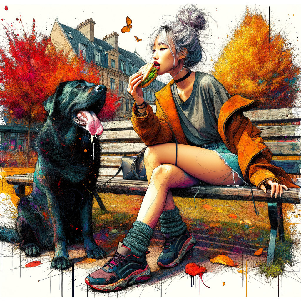 Young woman snacking on a bench in autumn park