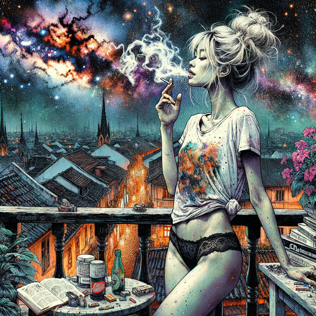 Woman on balcony with starry night and smoke puff