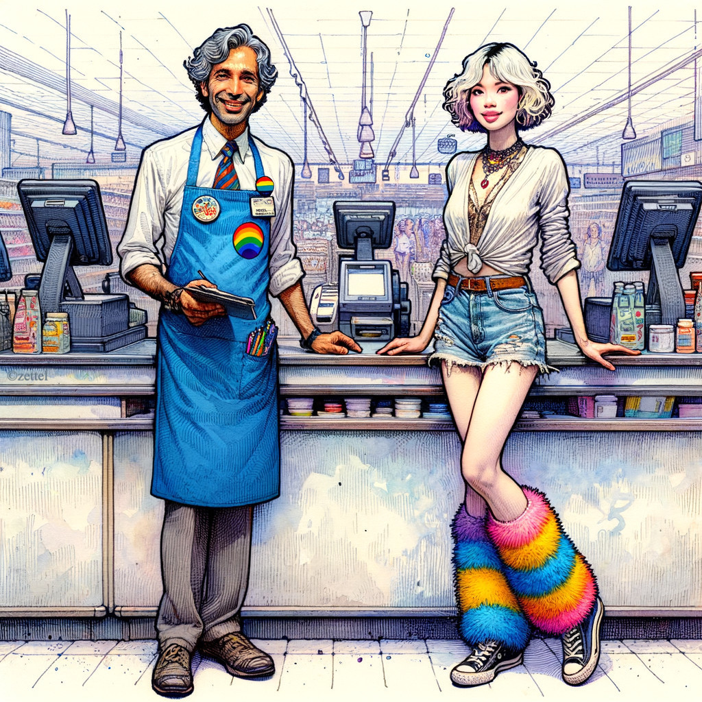 Bright Store Scene with Cashier and Stylish Customer