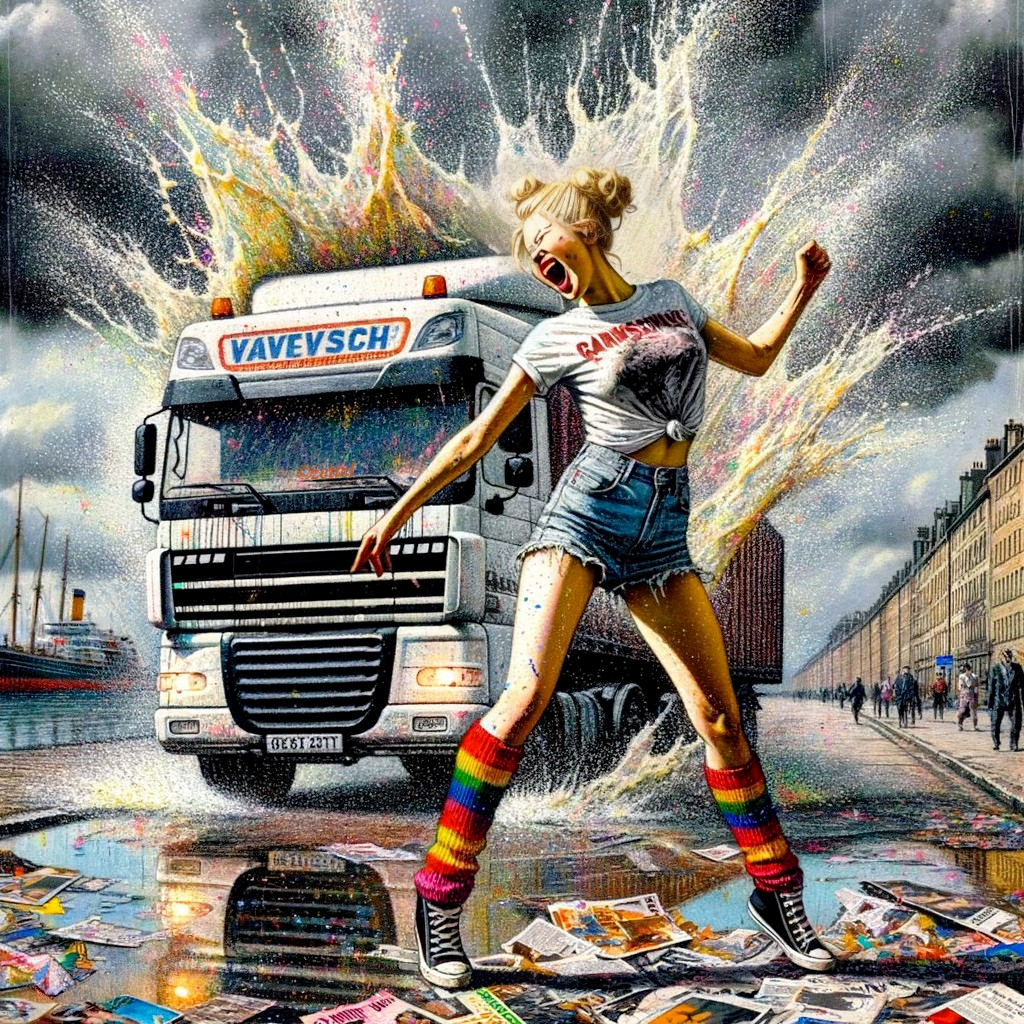 Vibrant Urban Scene with Woman Dancing in Rain