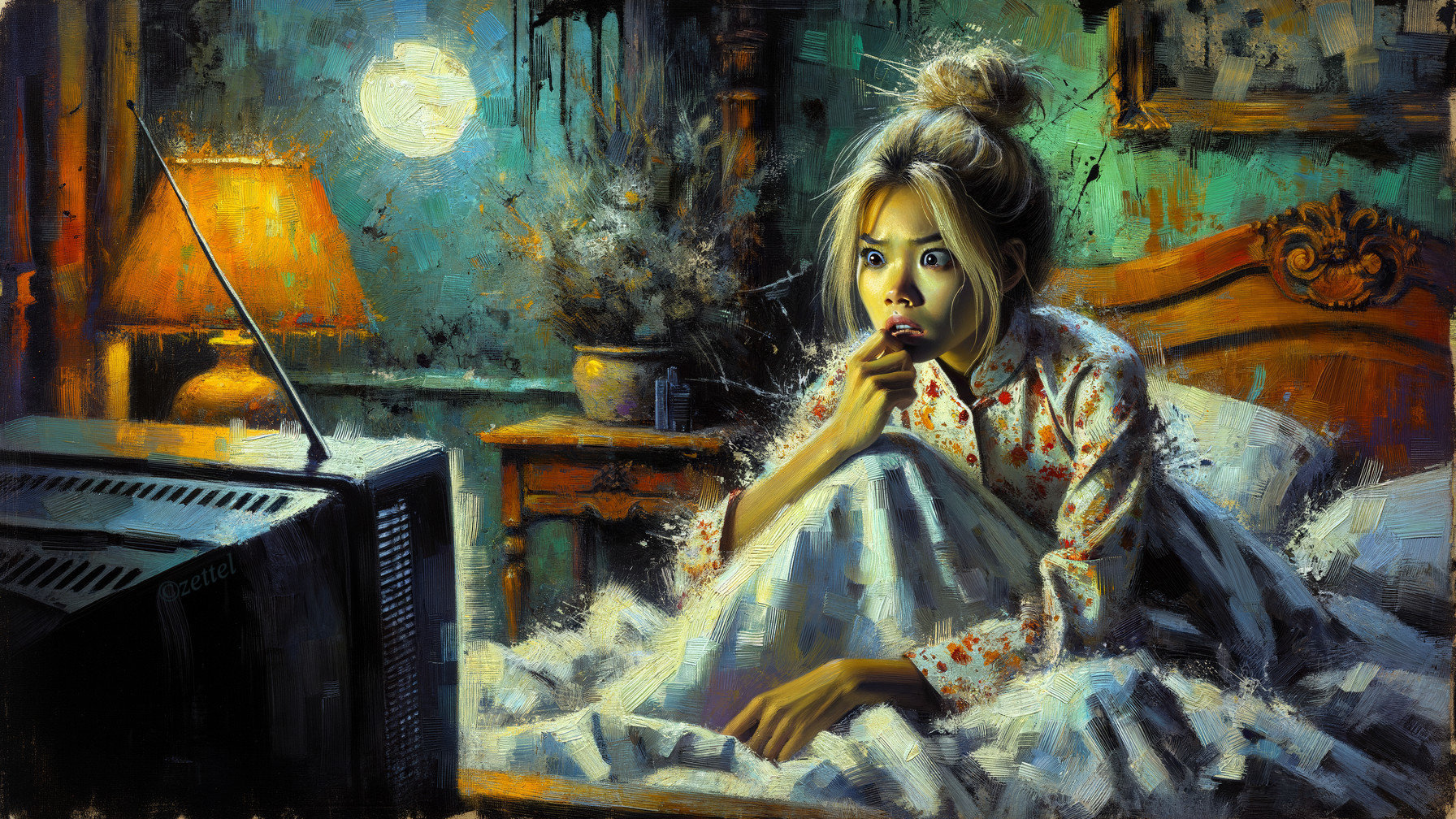 Young Woman in Dim Room Watching Suspenseful TV Show