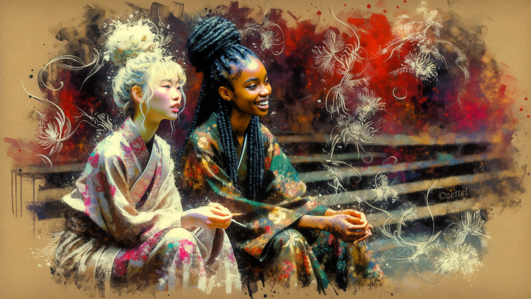 Young women in patterned kimonos with vibrant background