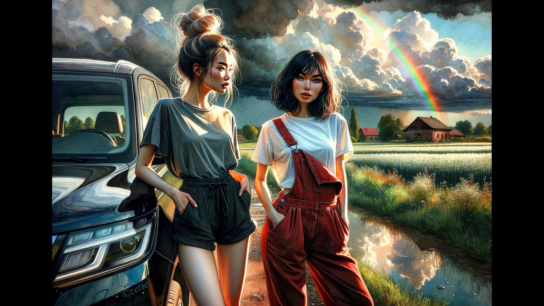 Young women by vehicle under dramatic sky and rainbow
