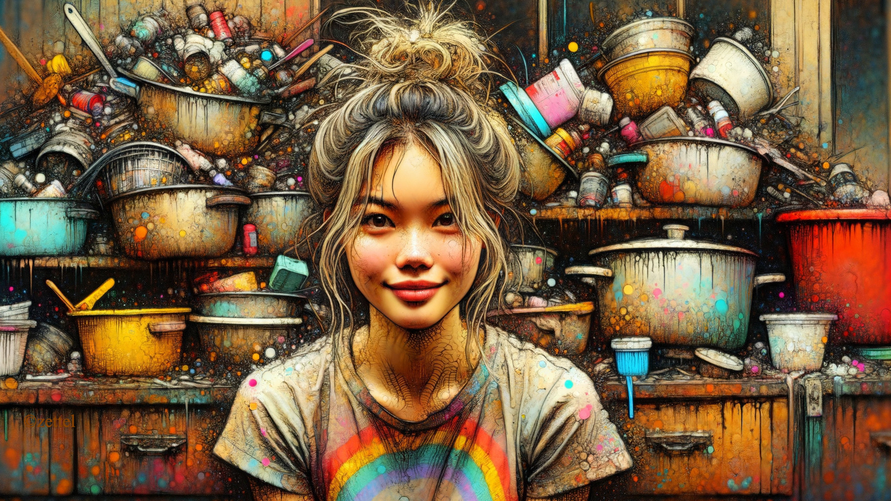 Young Woman in Colorful Kitchen Setting with Utensils