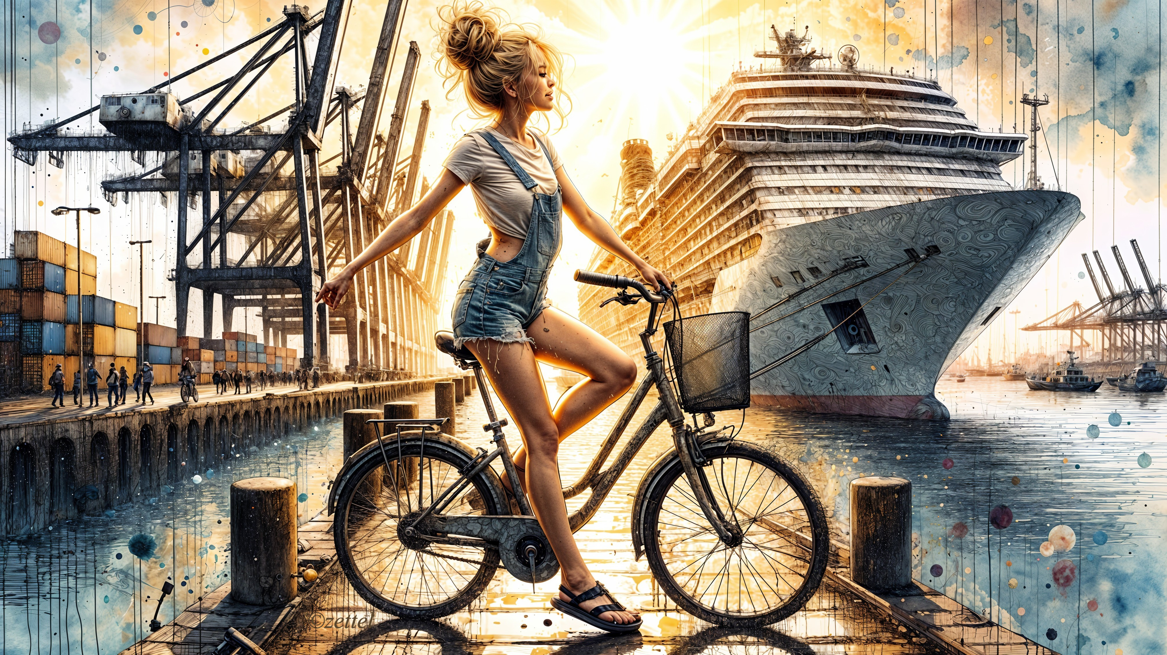 Young woman on bicycle at bustling port scene