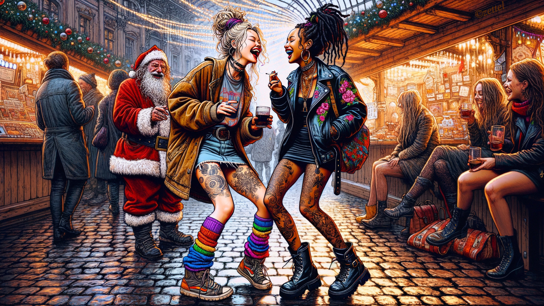 Women with Tattoos Enjoying Drinks at Outdoor Market