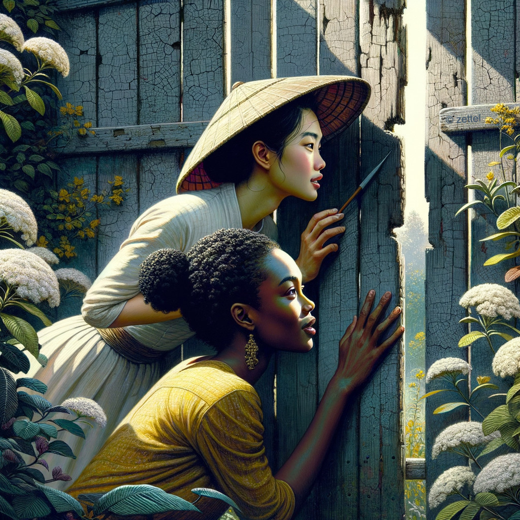 Women Observing Through Rustic Wooden Gate with Flowers