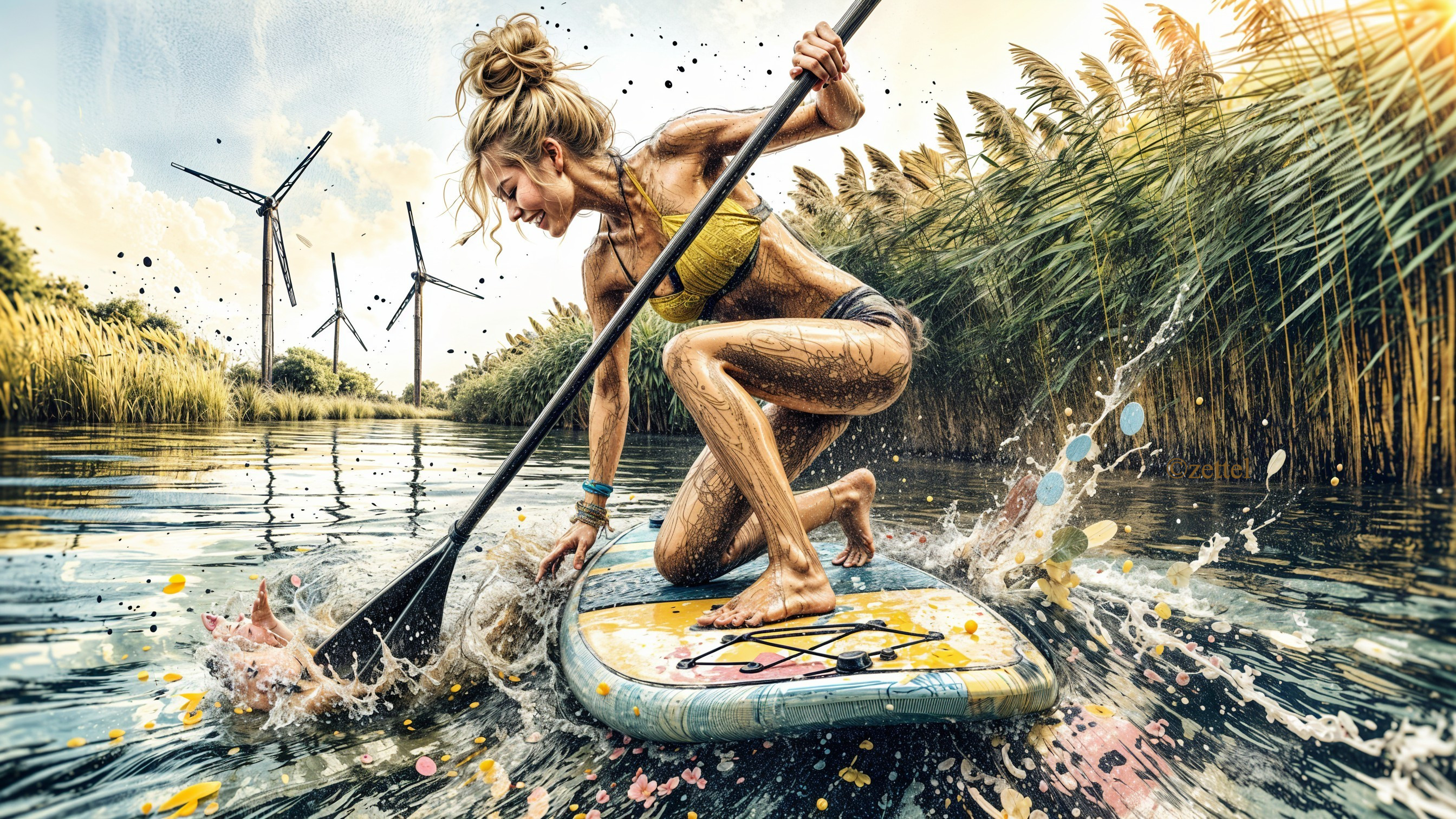 Woman in Yellow Bikini Paddleboarding in Calm Waters