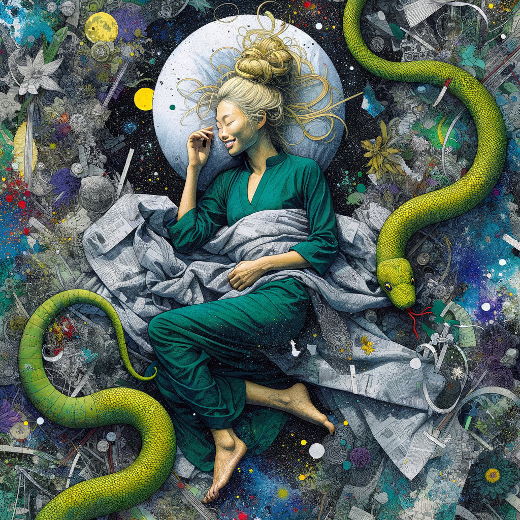 Serene figure resting on colorful bed with moon and snake
