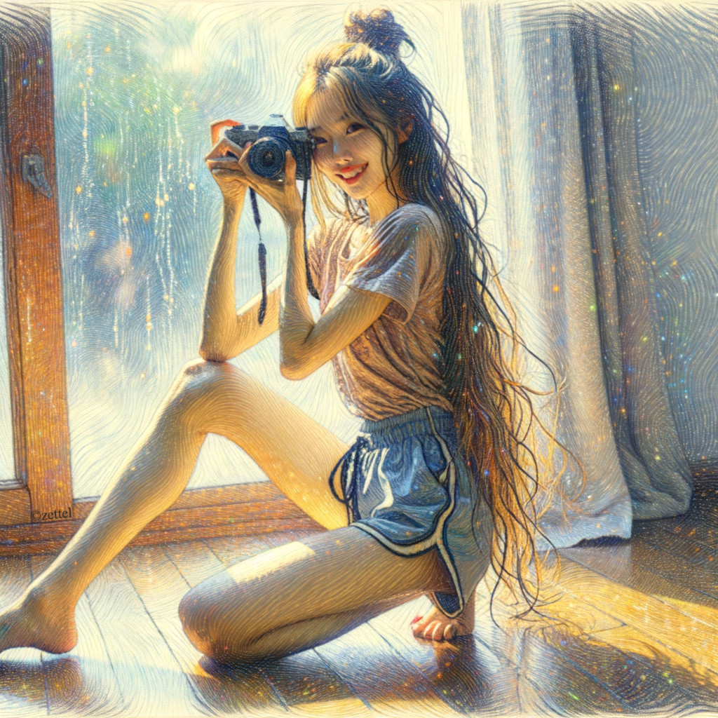 Young woman with camera on sunlit wooden floor