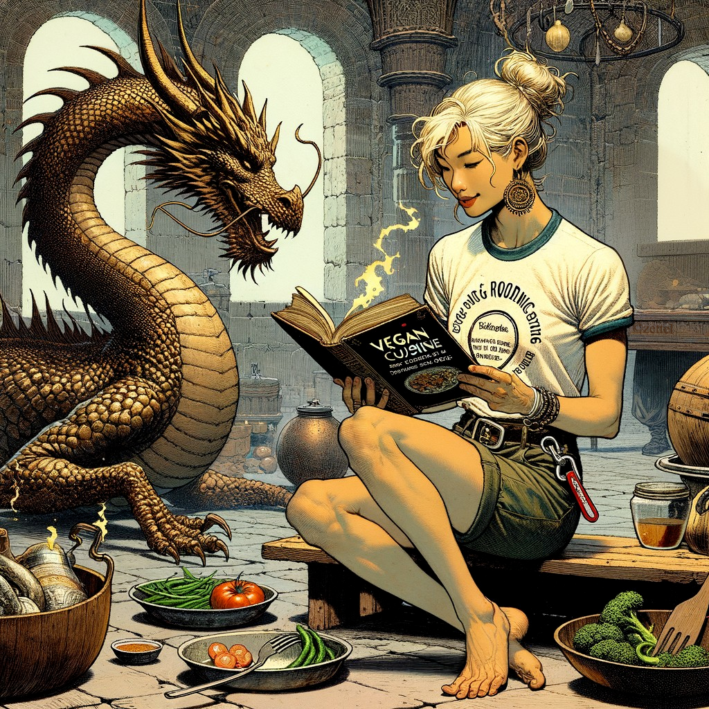 Woman with Cookbook and Dragon in Rustic Setting