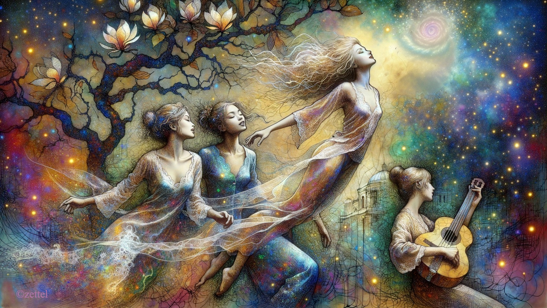 Ethereal Women Dancing in a Dreamlike Landscape