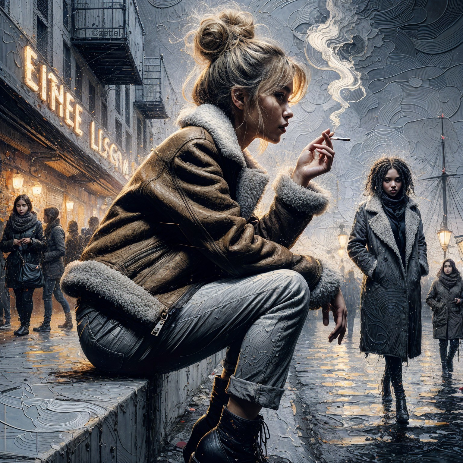 Young Woman in Fur Jacket on Dim Urban Sidewalk
