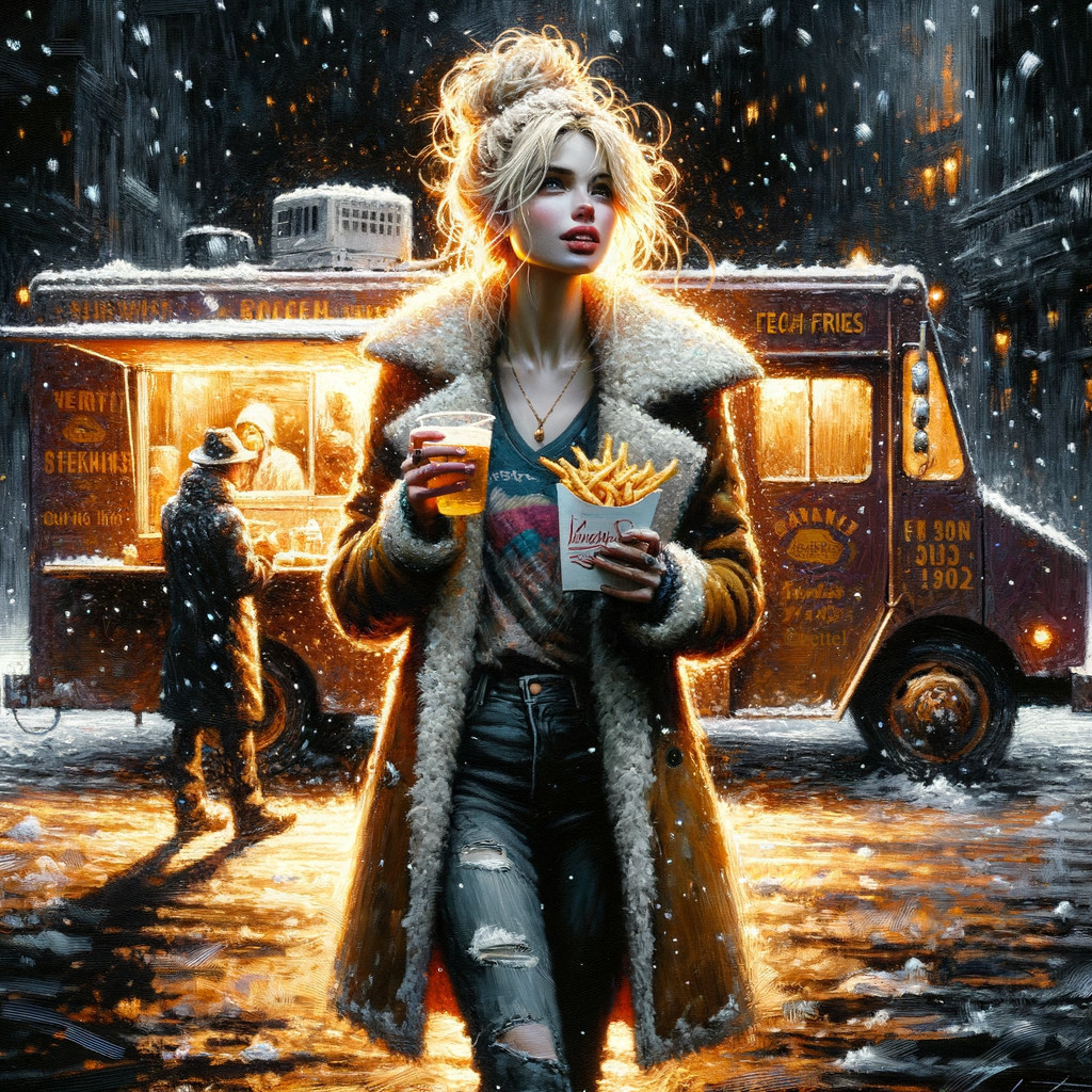 Young Woman in Snowy Urban Scene with Food Truck