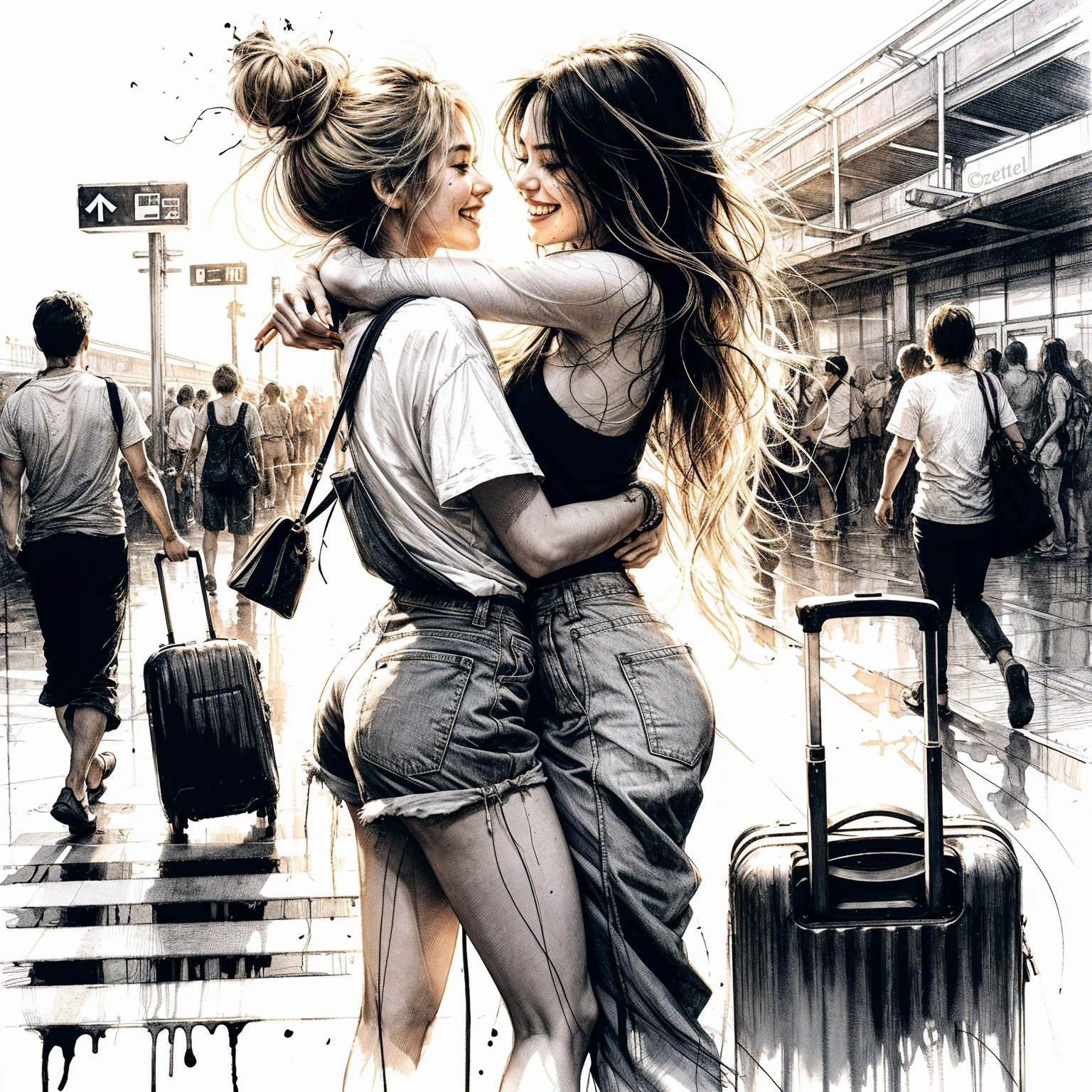 Joyful Embrace of Friends in a Busy Airport