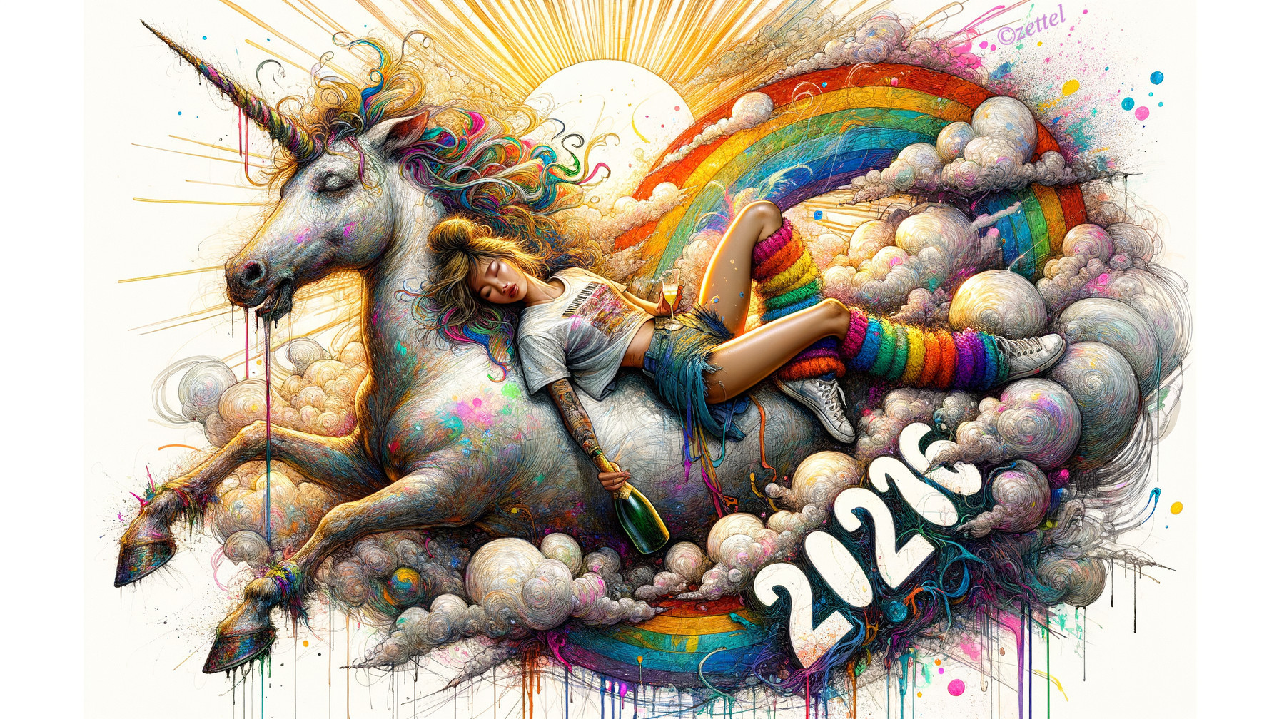 Unicorn with Colorful Paint and Woman in Whimsical Scene