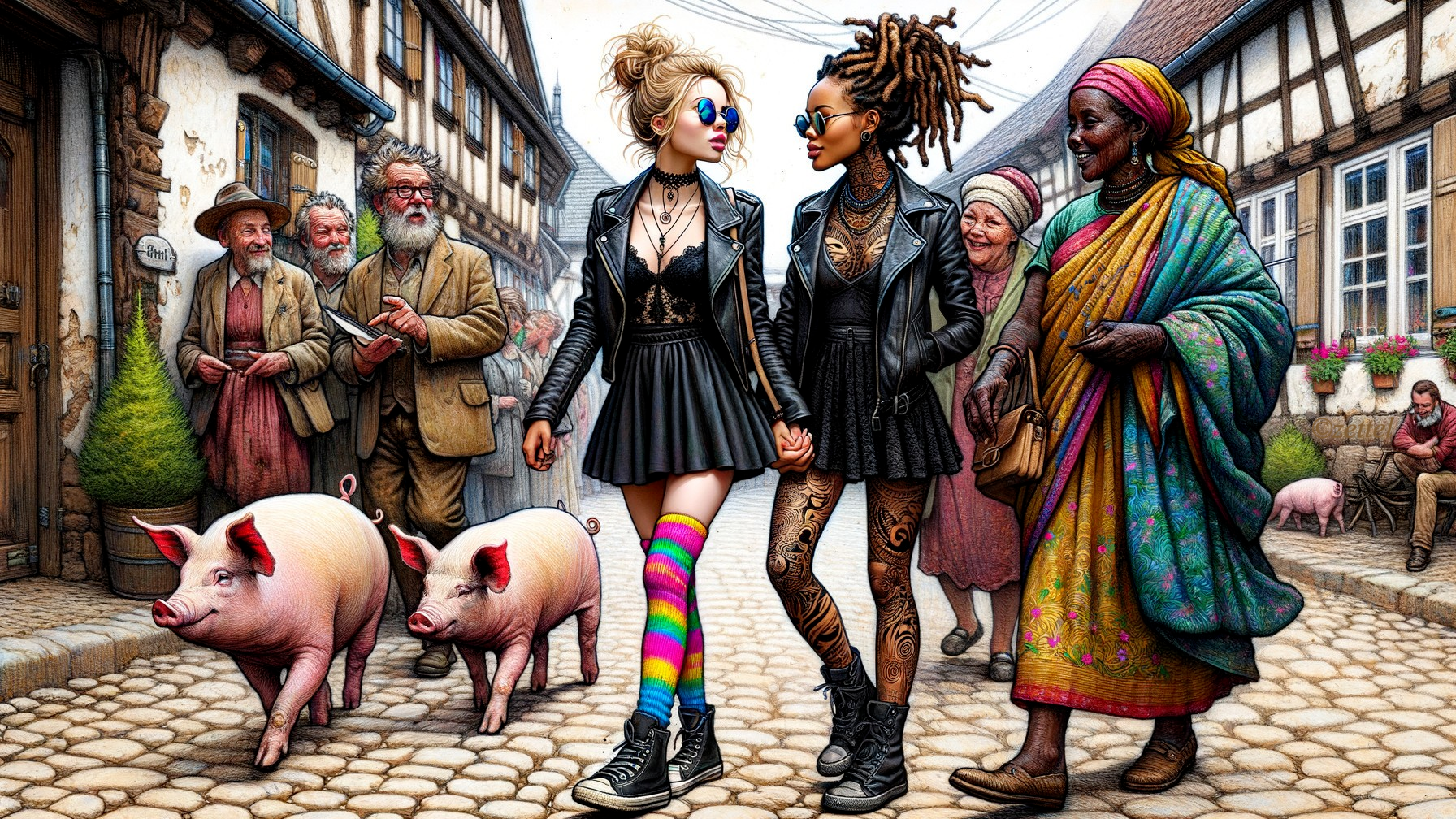 Stylish Women in Vibrant Cobblestone Village Scene