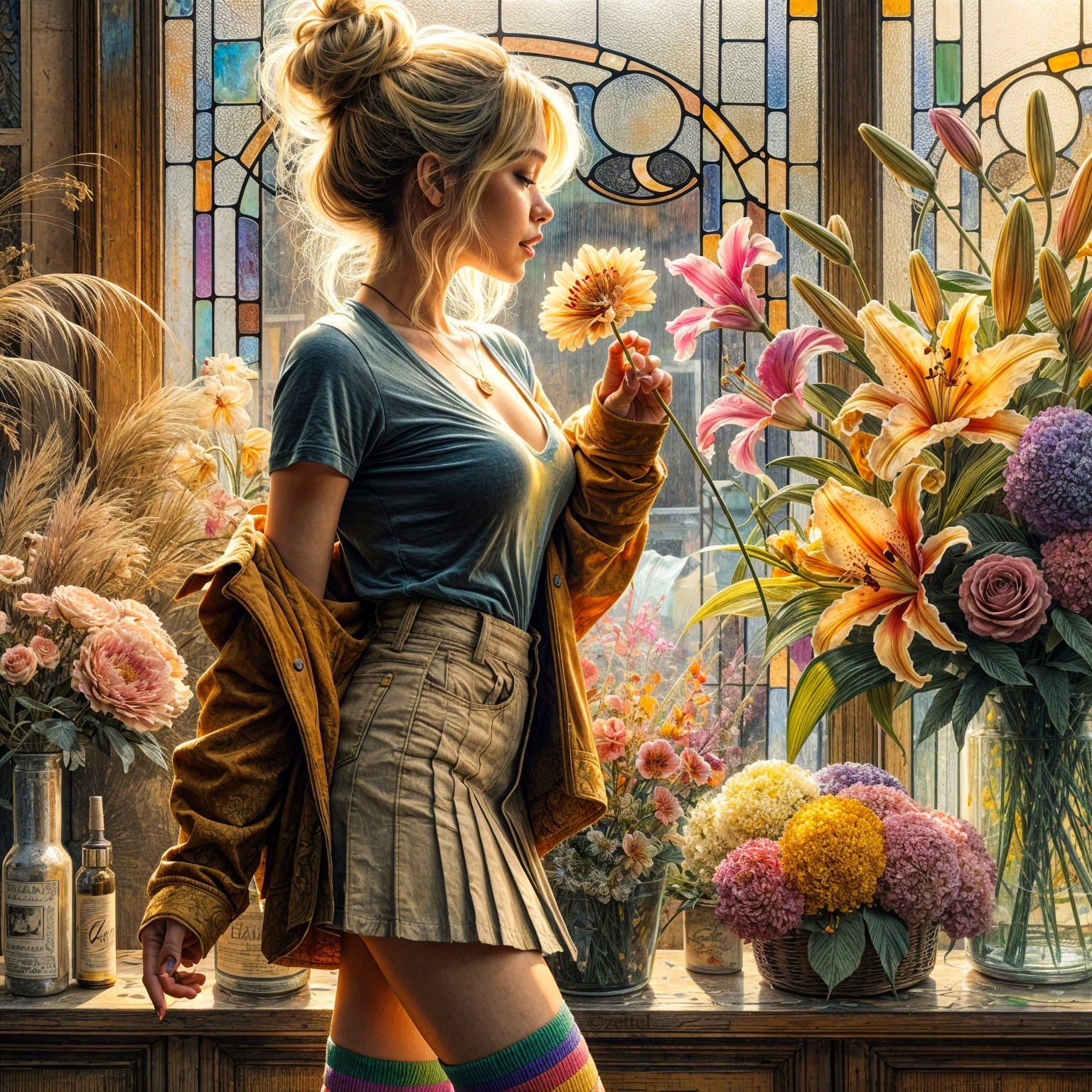 Young Woman in Sunlit Room with Vibrant Flowers