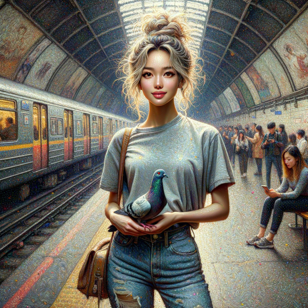 Young Woman Holding Pigeon in Busy Subway Station