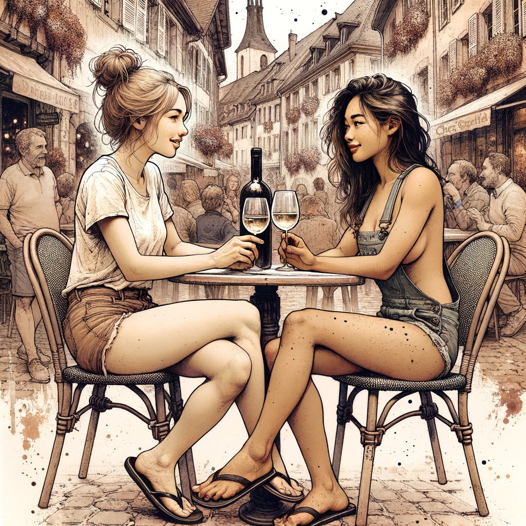 Young Women Enjoying Wine at a Charming Cafe