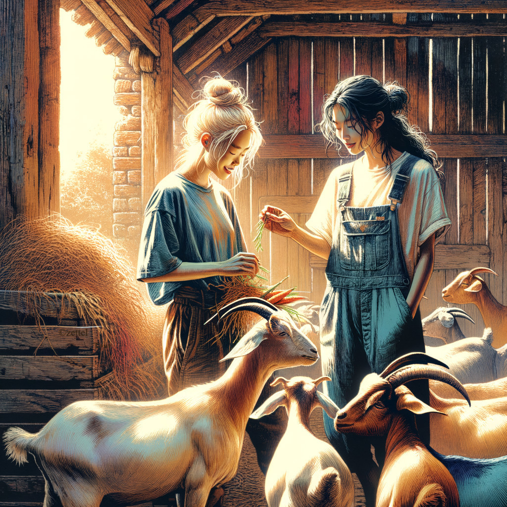 Young women feeding goats in a sunlit barn setting