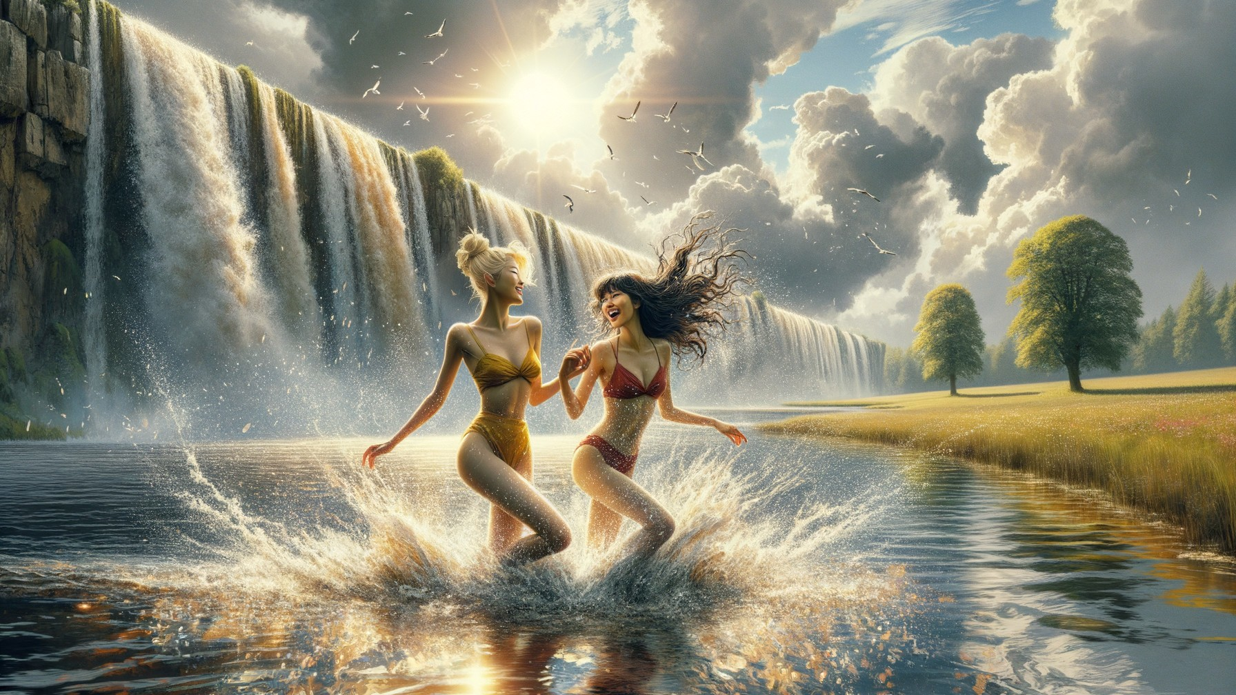 Women Playing in a Serene Lake with Waterfalls